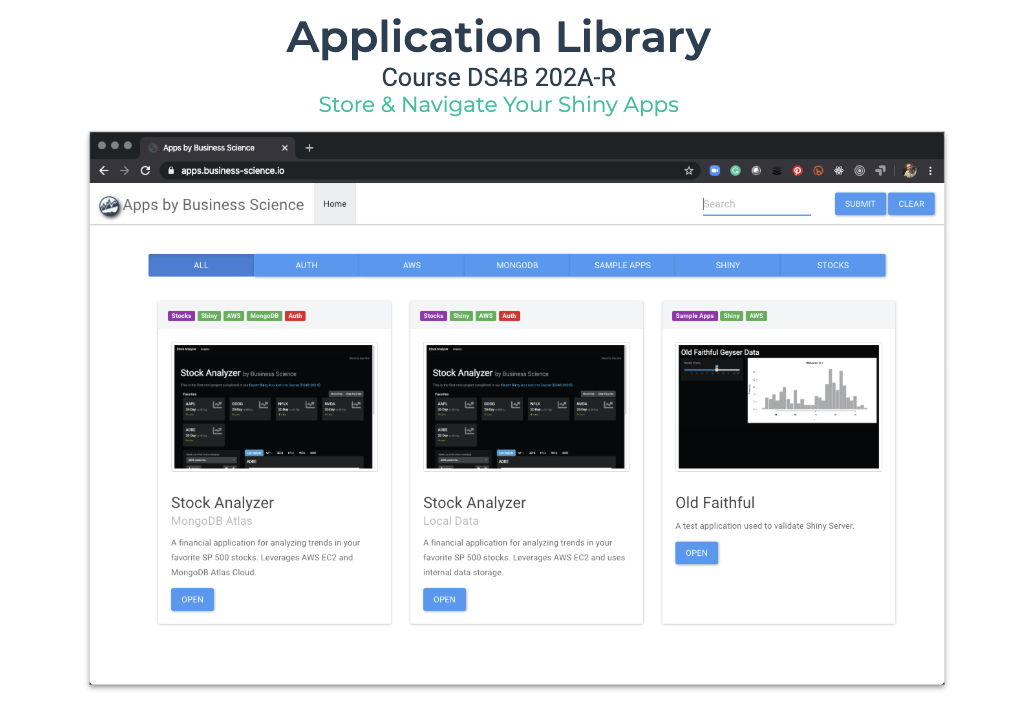 Application Library: Contains a Library of Shiny Apps hosted on AWS